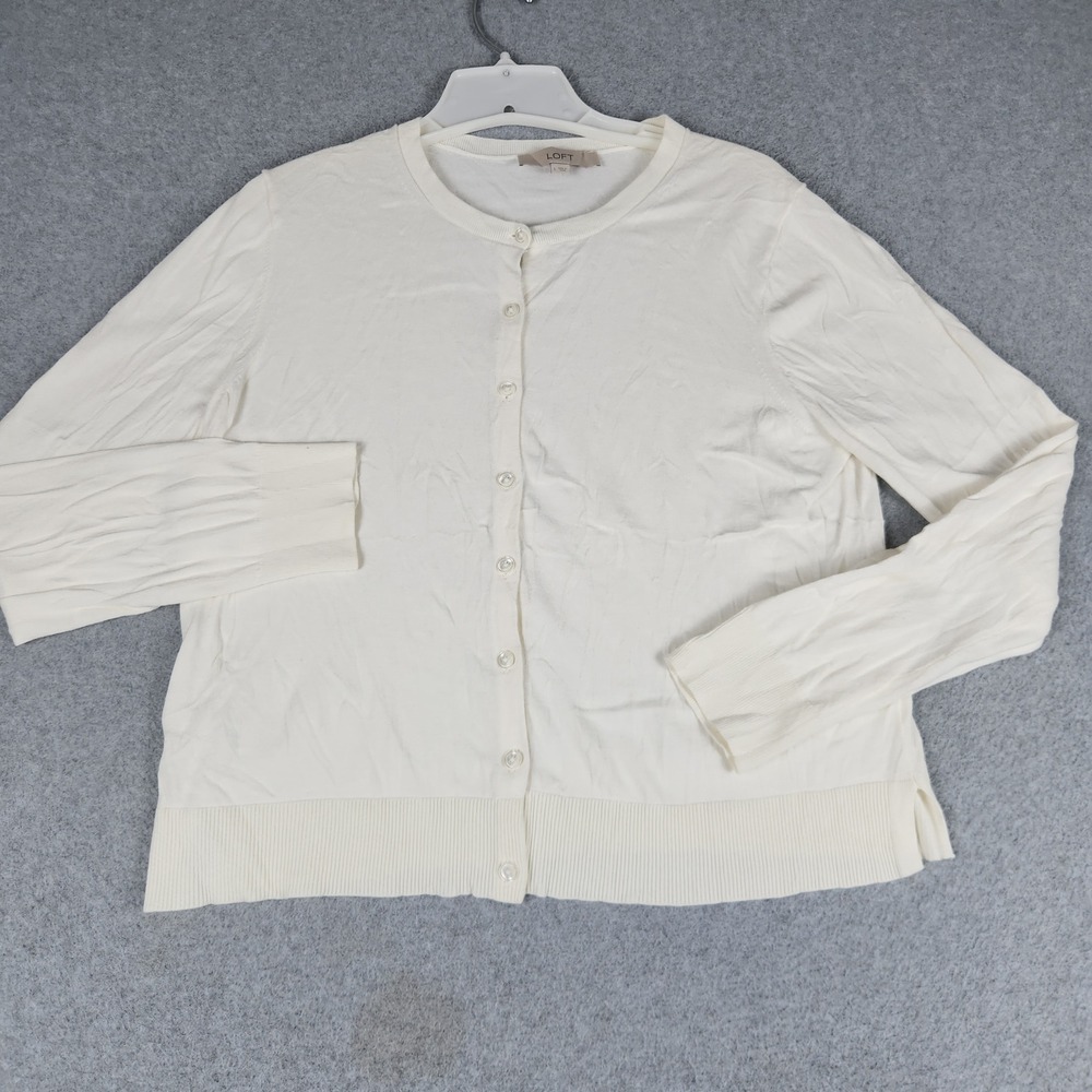 LOFT Cardigan Sweater Womens Large White Cotton Classic Crew Neck Button Front